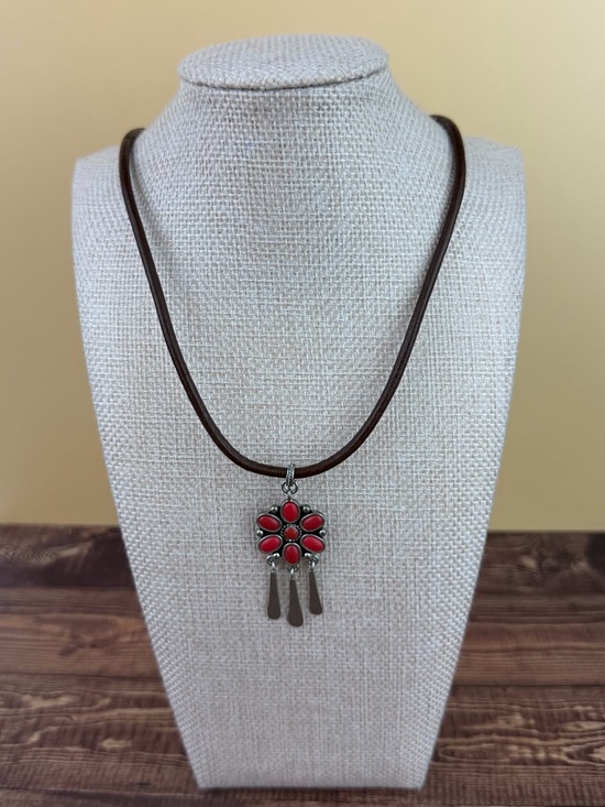 Lauren Ralph Lauren Jewelry - Lauren Ralph Lauren Southwestern Red Coral Flower Pendant Leather Cord Necklace
